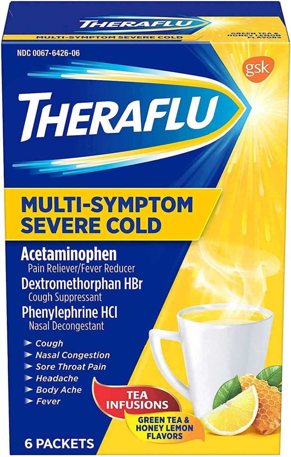 Multi Symptom Severe Cold with Lipton Green Tea and Honey, 6 Count New Line