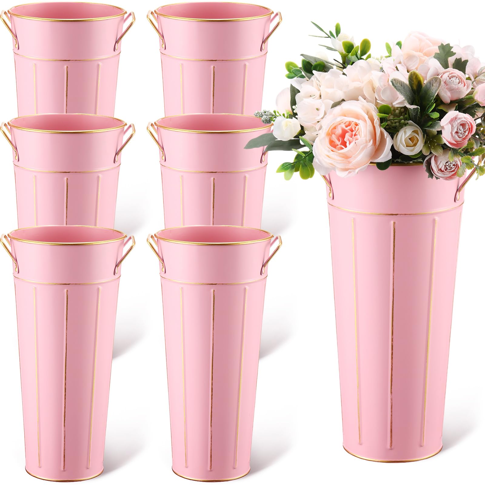 Photo 1 of Domensi 6 Pcs 12'' Galvanized Metal Vase with Handle Rustic Galvanized Vase Planter Bucket for Fresh Flowers Dried Floral Decor Farmhouse Table Centerpiece Decoration for Wedding(Pink)