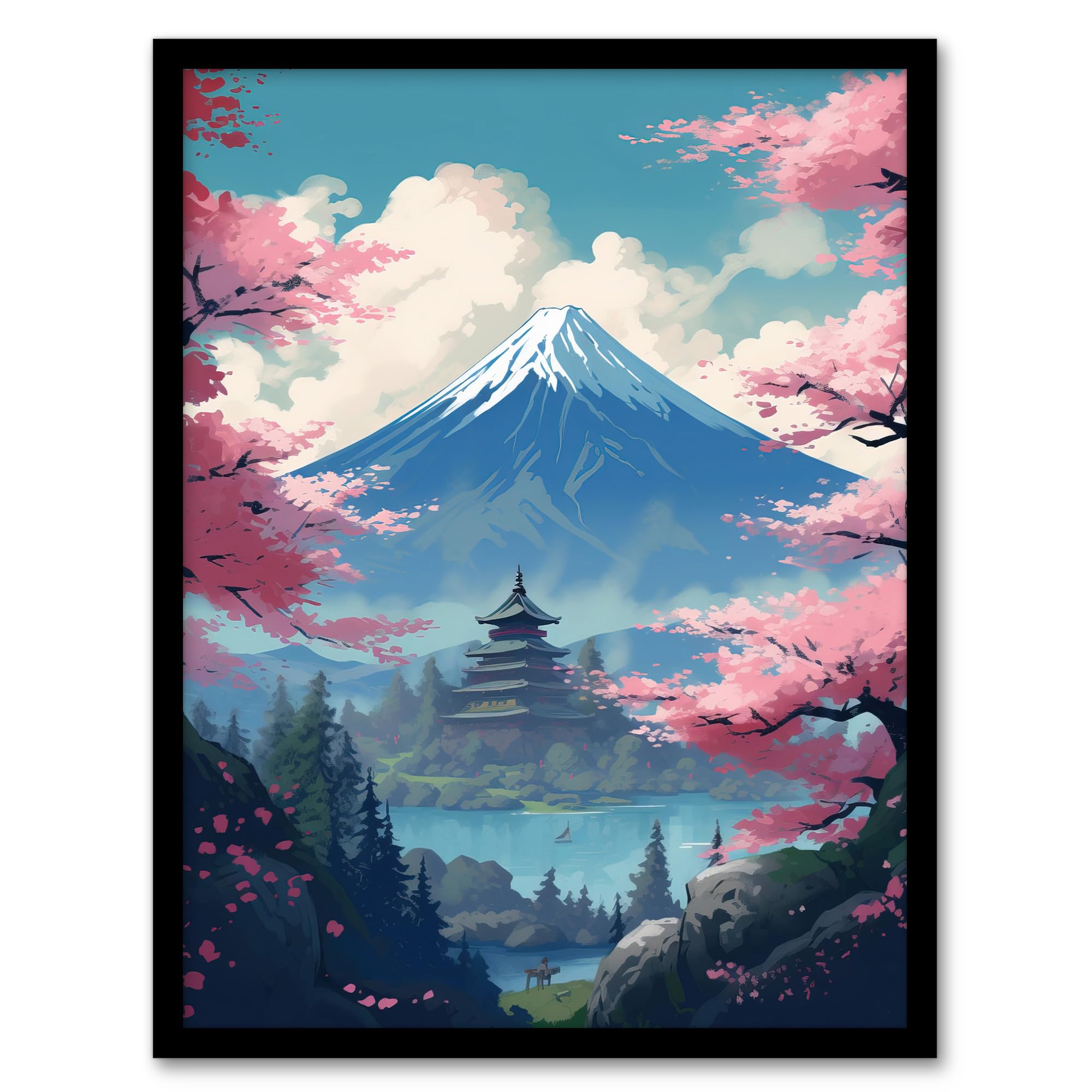 Artery8 Japanese Temple on Mount Fuji Lake Painting Green Blue Pink Cherry Blossom Trees Blooming in Tranquil Forest Landscape Art Print Framed Poster Wall Decor 12x16 inch