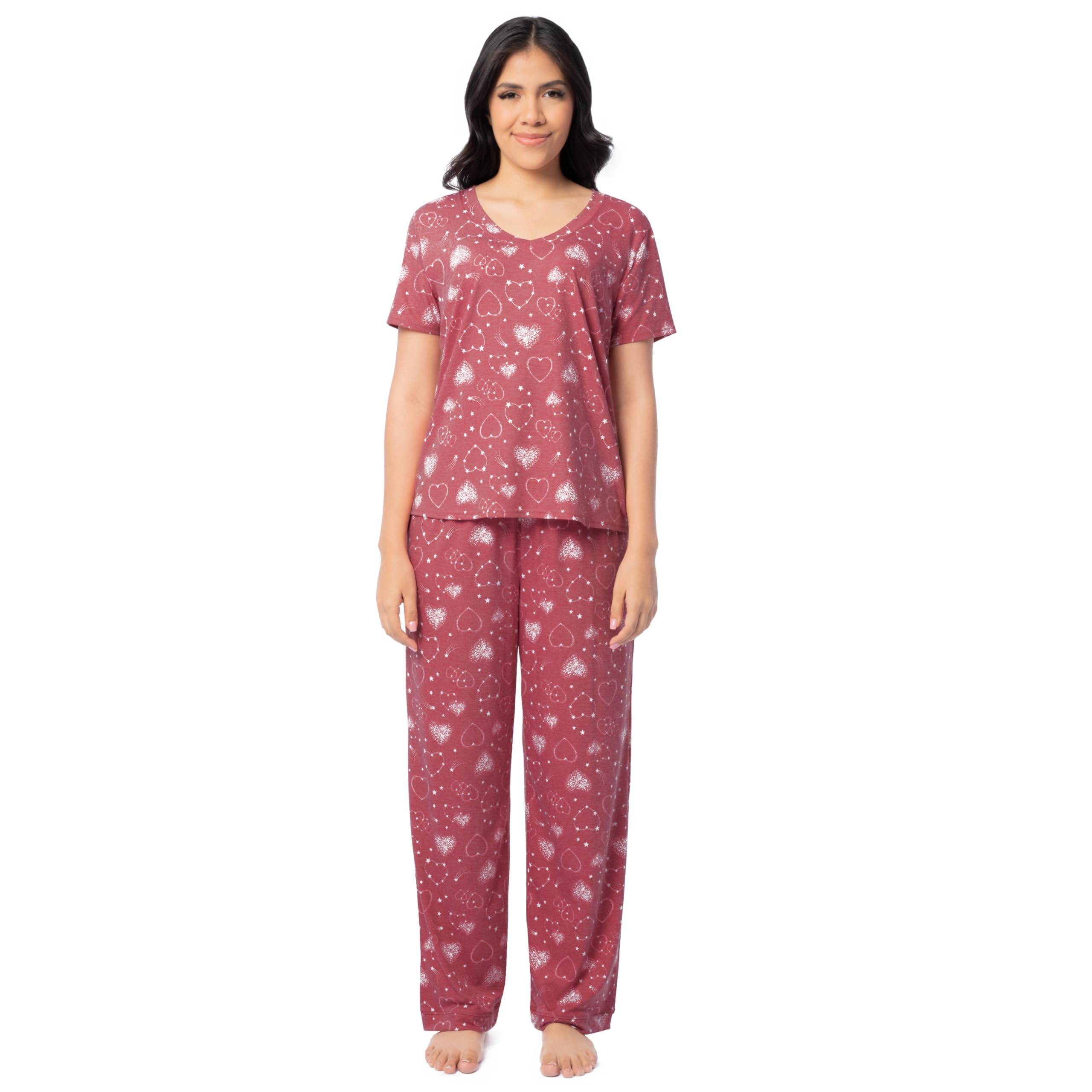 Fruit of the Loom Women's Short Sleeve Tee and Pant 2 Piece Sleep Pajama Set, Red/Hearts, Medium Image