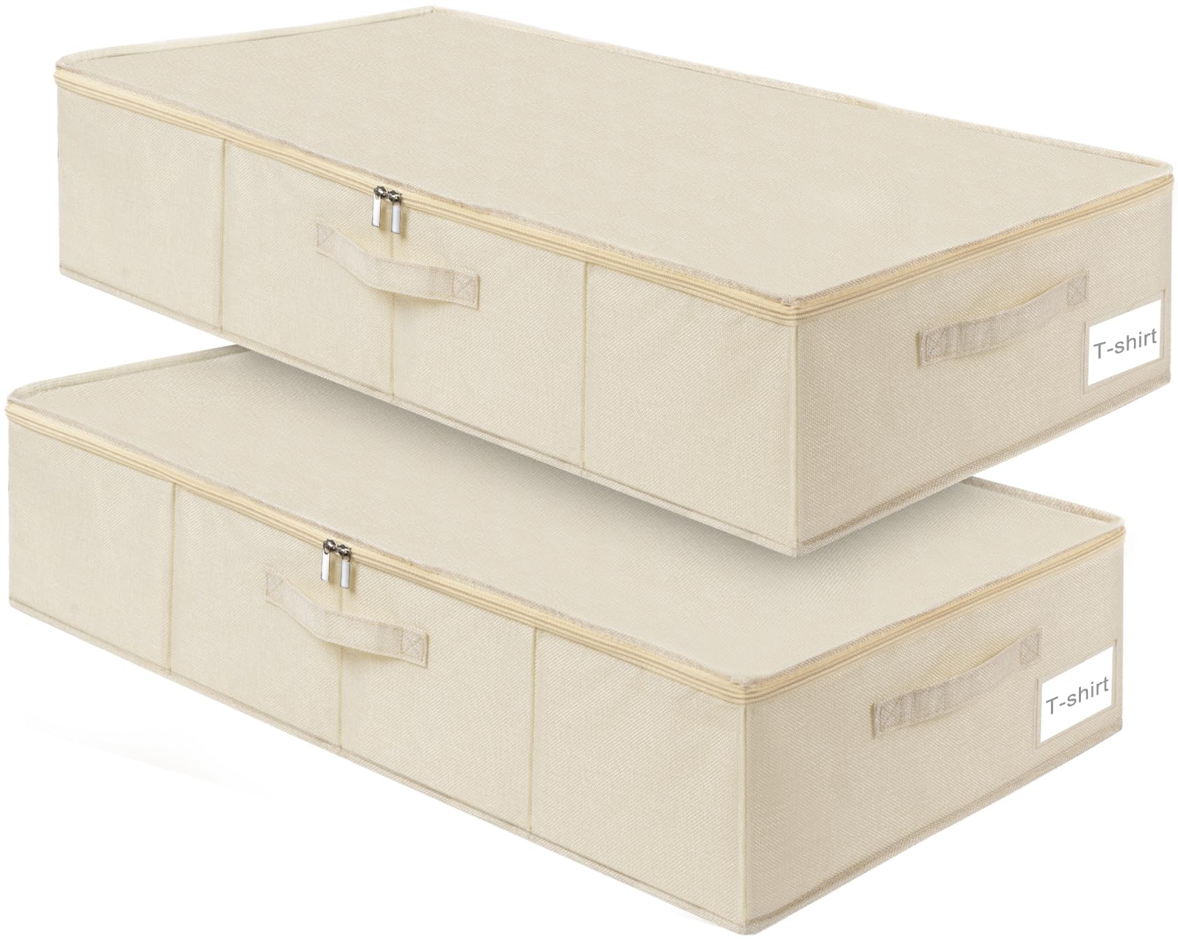 JUPELI 2 Pack 50L Large Underbed Storage Boxes with Lids, Foldable Sturdy Under Bed Clothes Storage Drawer Organiser with Side & Bottom Support, Ultra Thick Fabric Beige Under Bed Storage
