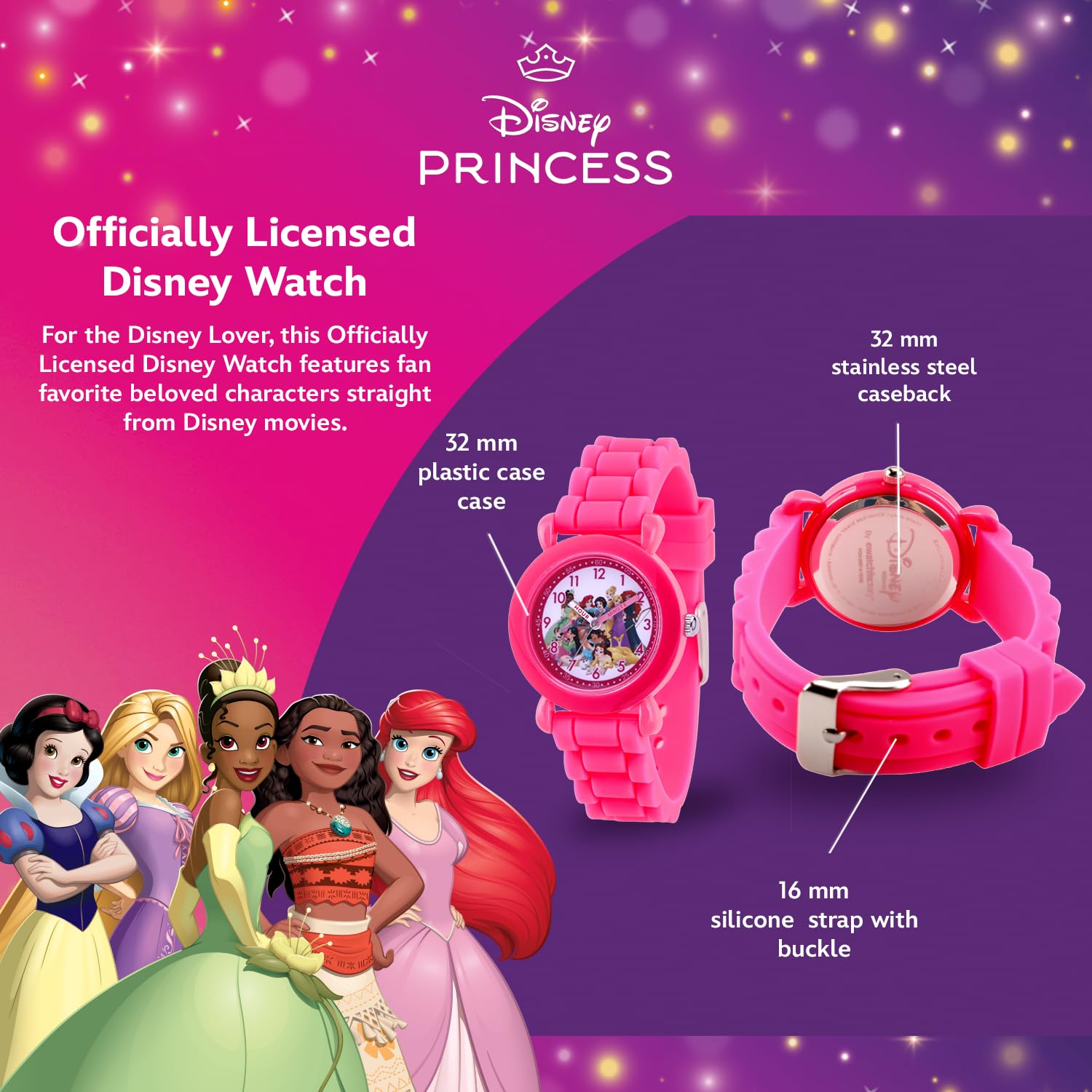 Disney Princess Watch for Girls – Kids' Princess Watch with Pink Plastic Case & Purple Silicone Strap – Gift for Girls Age 4-7, Toddler Watches, Cute & Durable Kids’ Timepiece