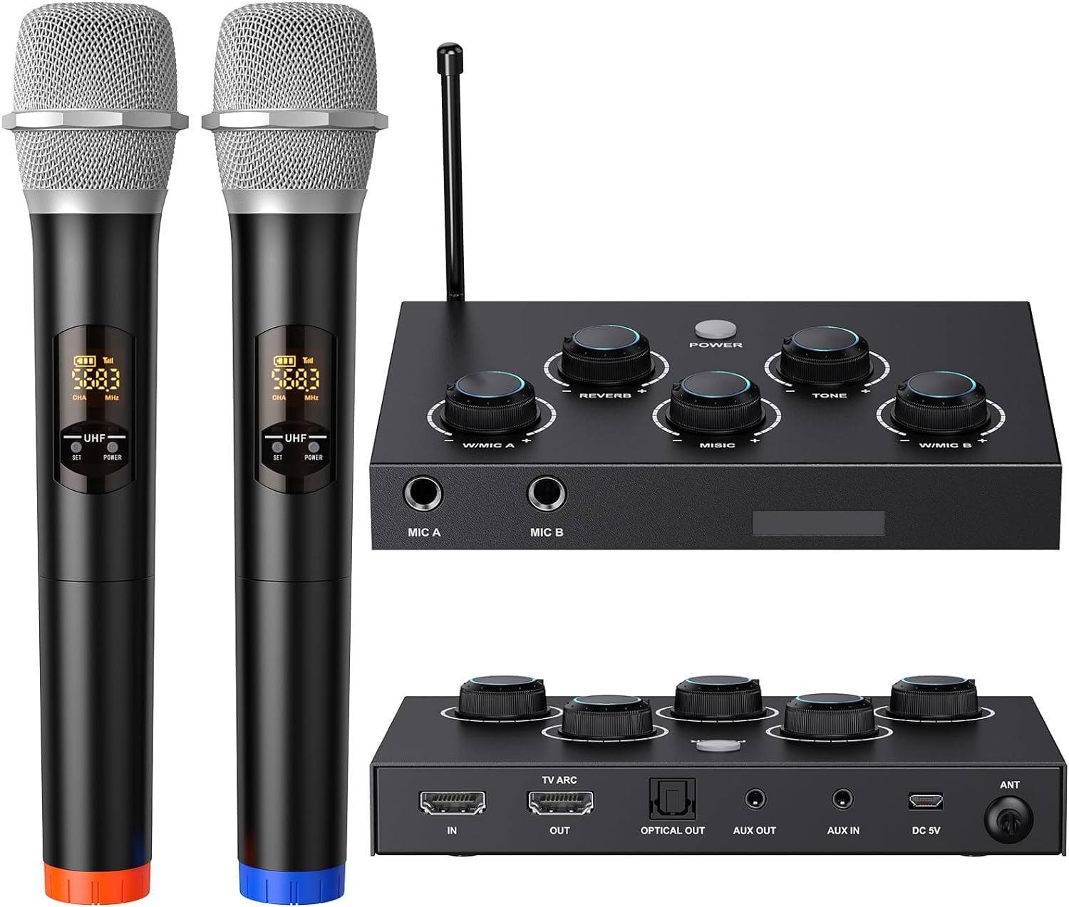 Photo 1 of Wireless Karaoke Microphone System, Dual Wireless Microphones, Receiver with HDMI & AUX in/Out, Optical Out, 100ft Range, 2×8 UHF Frequencies, Karaoke Microphone for TV, PC, Amplifiers, Speakers