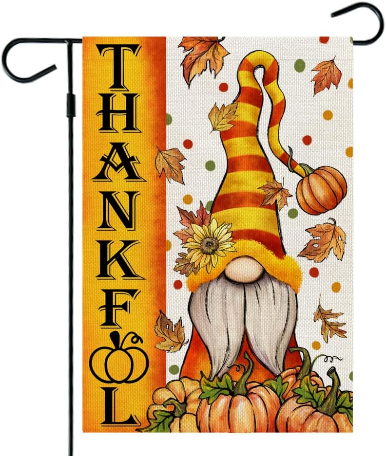 Flags - Fall Thanksgiving Gnome Garden Flag 12x18 Inch Small Double Sided Burlap Welcome Yard Autumn Thankful Outside Decoration CF618