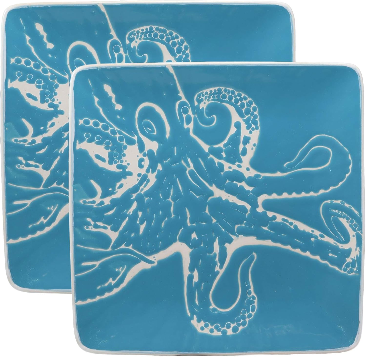Ebros Nautical Coastal Ocean Sea Marine Giant Octopus Abstract Art Soothing Blue Large Dinner Plate Set of 2 Square 10.75