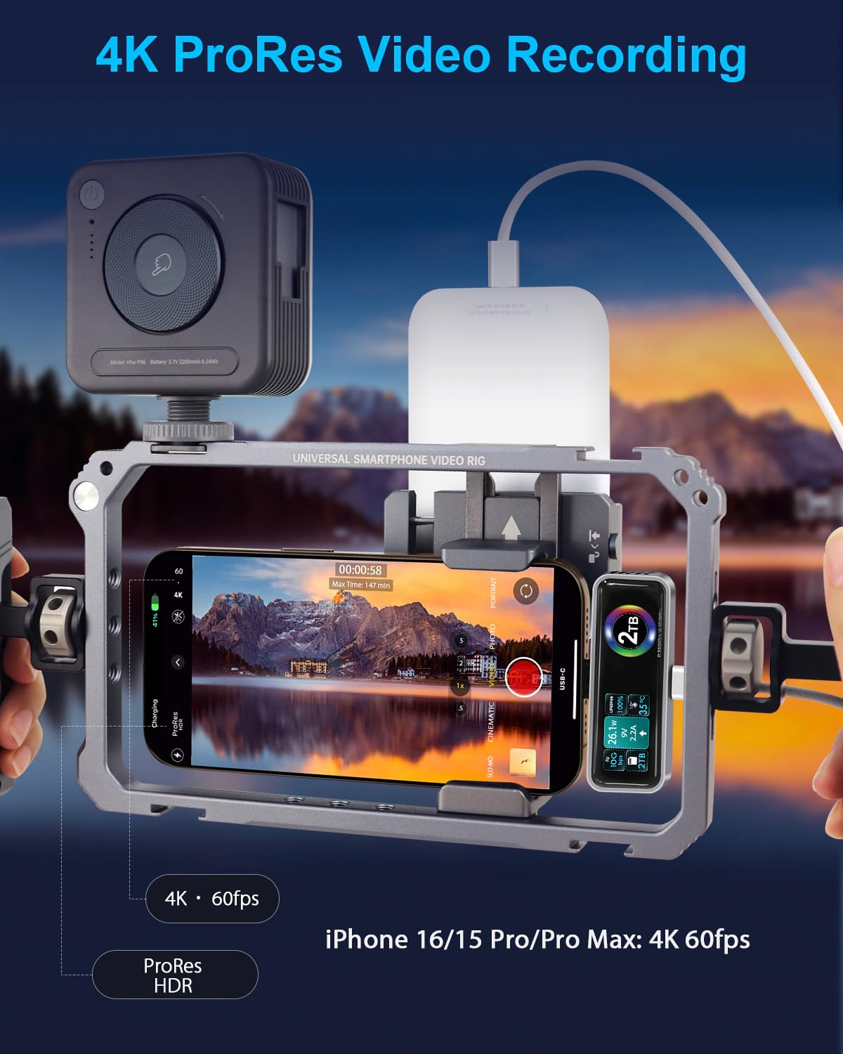 TWOPAN Magnetic Portable iPhone SSD for ProRes 4K 60fps Video Recording, 2TB External Super Storage for iPhone 15/16 Pro/Pro Max,iMac/MacBook, LCD Display, USB-C PD 3.0 Port, Built-in Cooling Fan