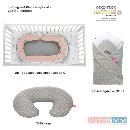 Erstlingsset Motherhood/Baby Geschenk zur Geburt, Öko-Tex Standard - bestehend aus: Babynest + Stillkissen + Einschlagdecke S