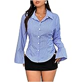 MakeMeChic Women's Plus Size Striped Blouse Bell Sleeve Button Down Shirt Collared Business Tops