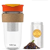 SoleCup. Large Travel Mug Loose Tea Infuser - Detachable Tea Strainer with Spill Proof Lid - 18oz/530ml BPA-Free Reusable Glass Travel Coffee Cup with Cork Band (Red, 18oz)