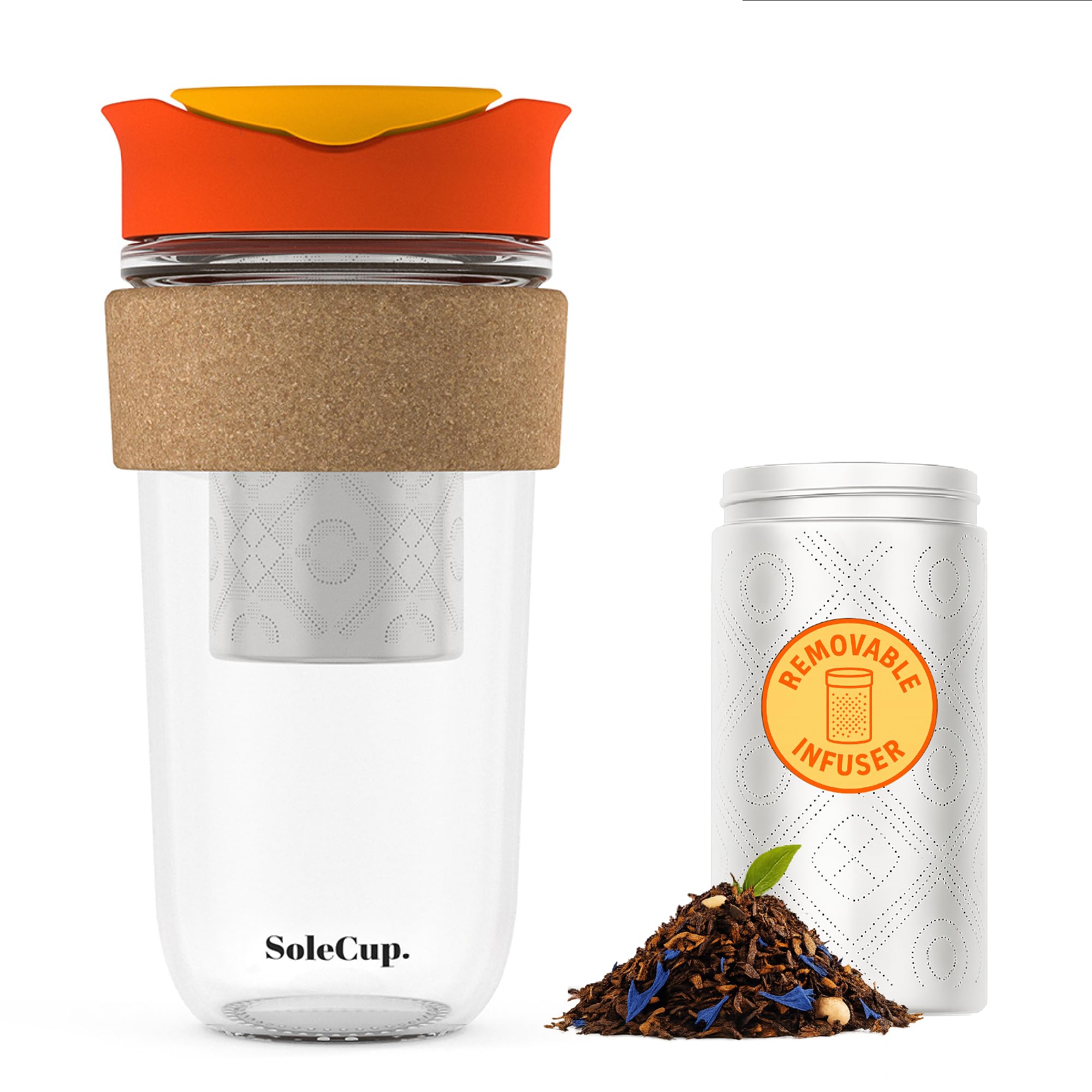 SoleCup. Large Travel Mug Loose Tea Infuser - Detachable Tea Strainer with Spill Proof Lid - 18oz/530ml BPA-Free Reusable Glass Travel Coffee Cup with Cork Band (Red, 530ml / 18oz)