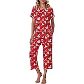 Ekouaer Women's Capri Pajama Sets Print Short Sleeve Sleepwear Top and Capri Pants Soft Loungewear with Pocket