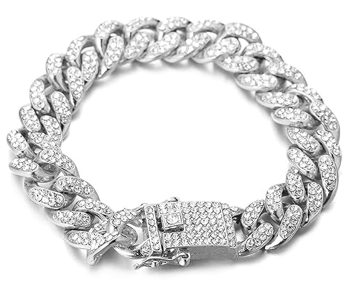 Halukakah Gold Chain Iced Out for Men,Men's 14MM Miami Cuban Link Chain  Bracelet 8In(20cm) Platinum White Gold Finish,Full Cz Diamond Cut Prong