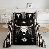 Feelyou Boys Girls Western Bull Skull Bedding Set Queen Size, Southwestern Aztec Comforter Set Kids Boho Tribal Comforter Ethnic Bohemian Rustic Country Teens Duvet Set with 2 Pillow Case