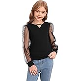WDIRARA Girl's Cut Out Round Neck Mesh Puff Long Sleeve Blouse Casual Top