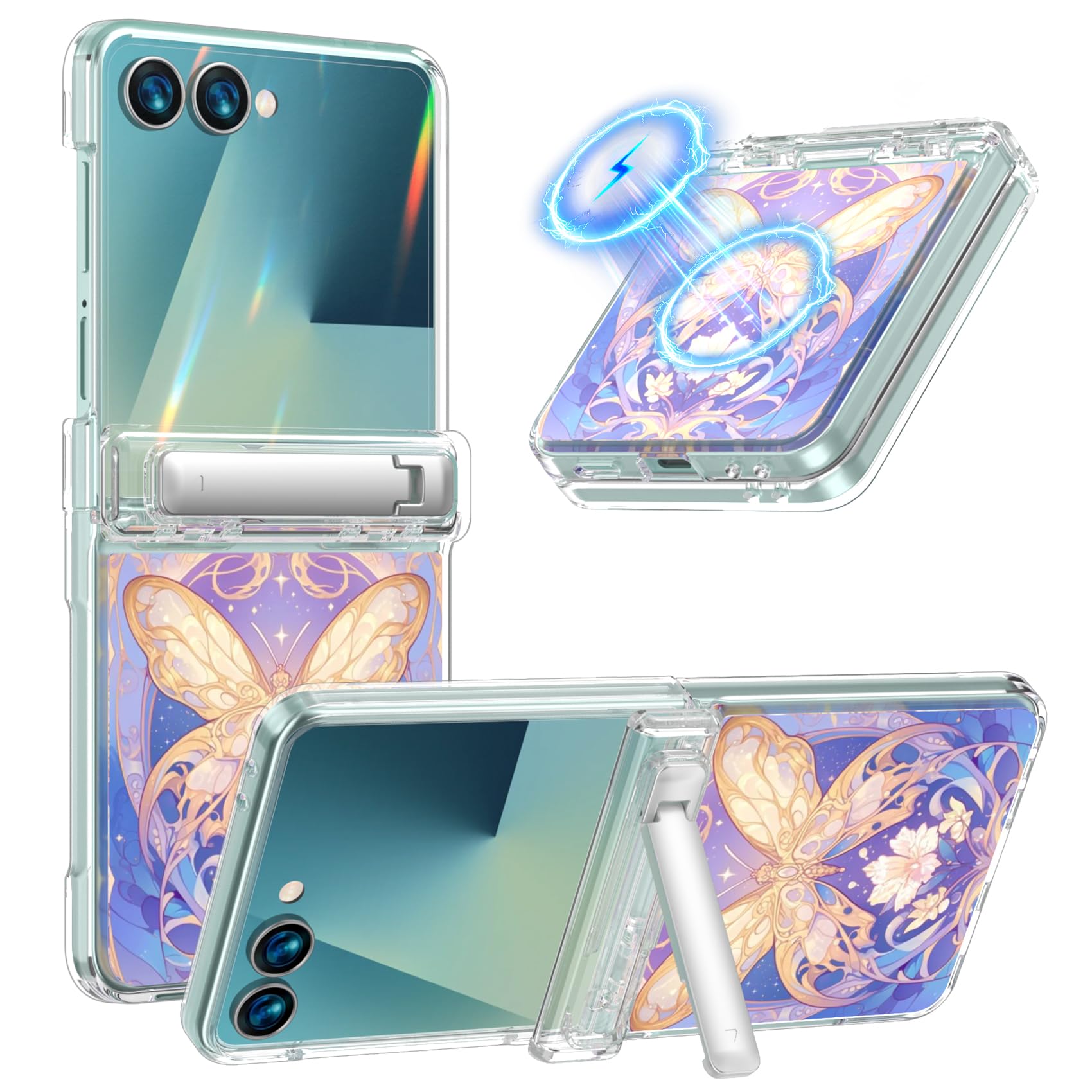 KJSK for Samsung Galaxy Z Flip 7 Case,Built-in Kickstand with Magsafe Slim Shockproof Matte Protection,Anti Yellowing,Built-in Hinge Protection,Butterfly Card
