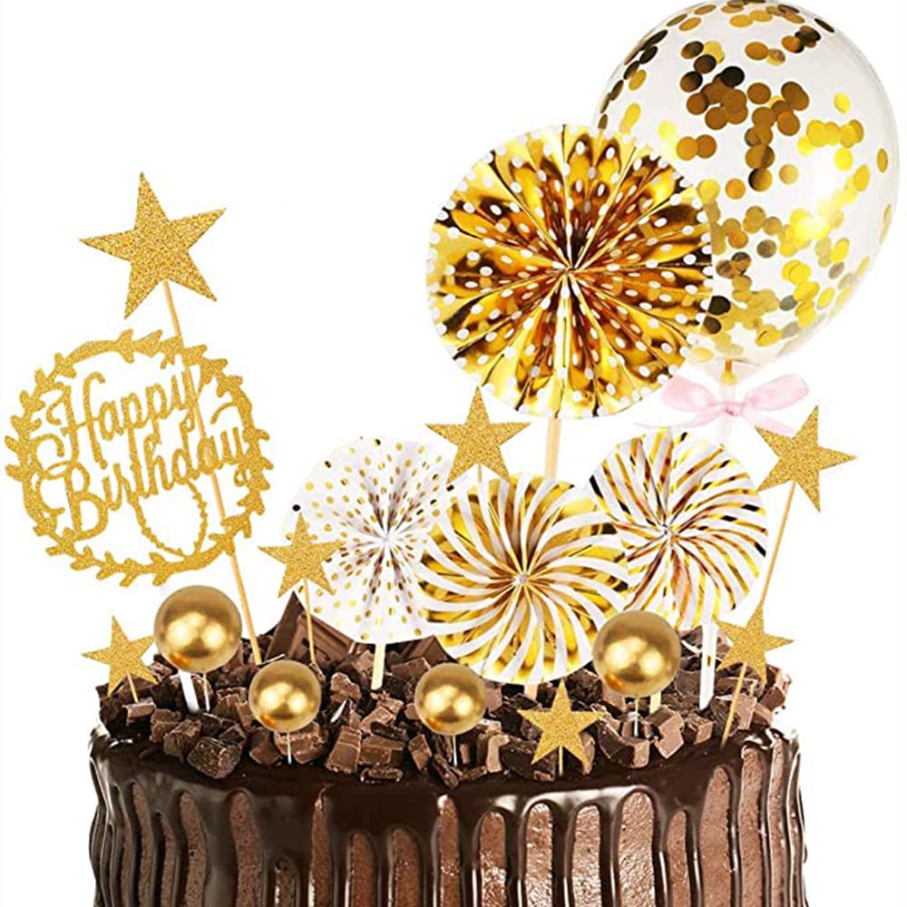 Gold Happy Birthday Cake Decorations, Happy Birthday Cake Topper with Glitter Paper Fans Confetti Balloon Acrylic Cupcake Topper for Gold Theme Party Decoration