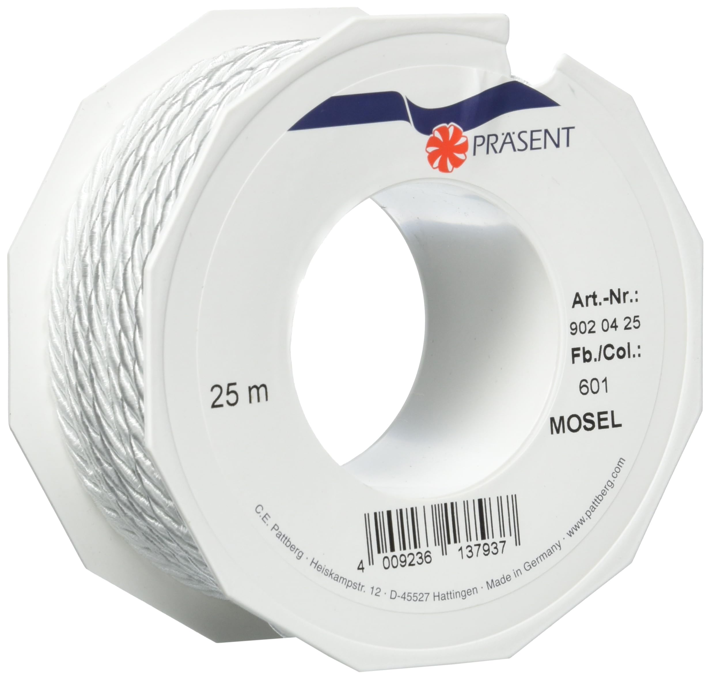 C.E. Pattberg Mosel Cord in White, 55 Yards of Braided Cord for Gifts, Parcels & Presents, 0.16 inches Width, Accessories for Decoration and Handicrafts, Tearproof Tape for Gift Wrapping