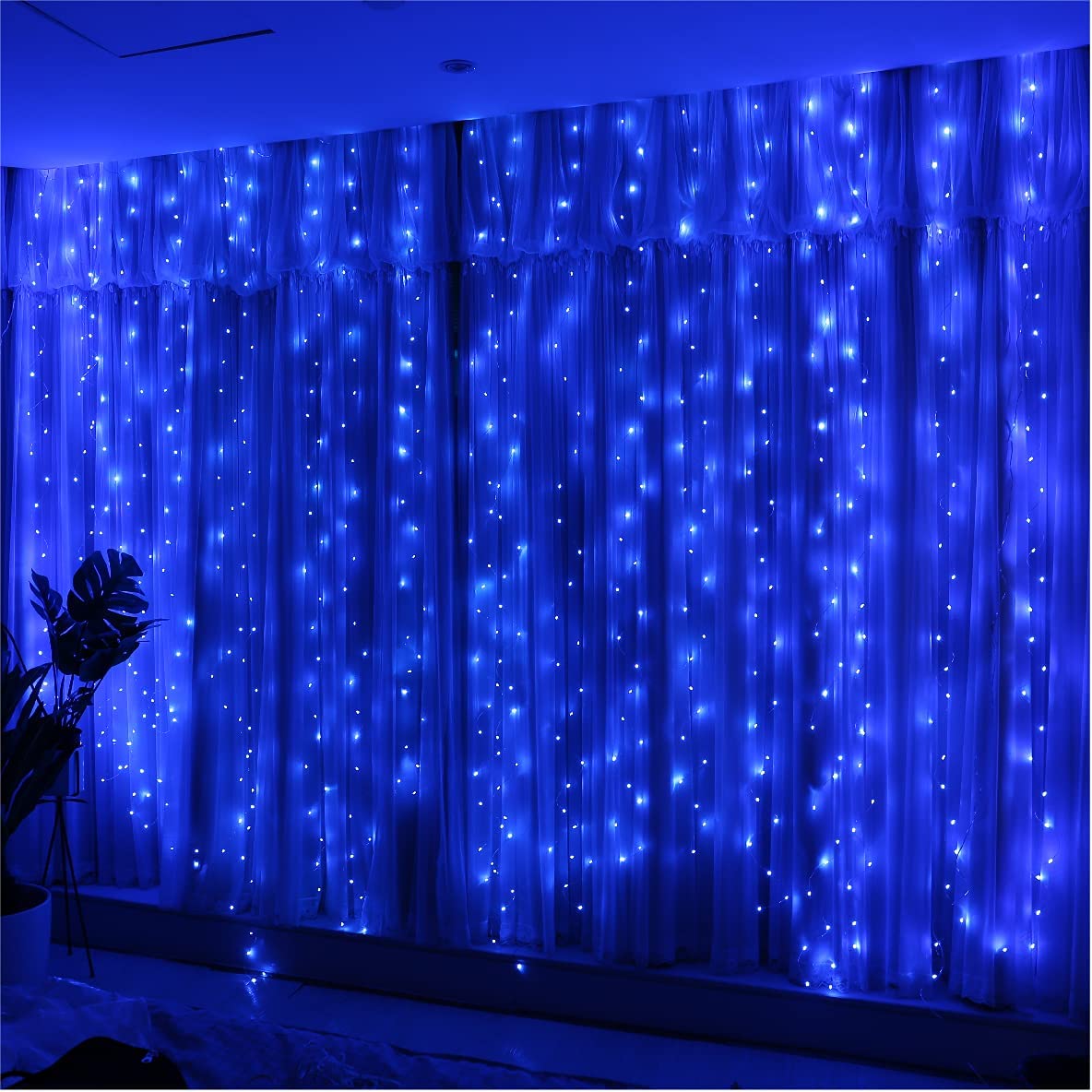 HXWEIYE 300LED Blue Fairy Curtain Lights, 3mx3m USB Powered 8 Modes Window Fairy String Lights with Remote Timer Adjustable Brightness for Bedroom, Indoor, Outdoor, Weddings, Party, Decorations