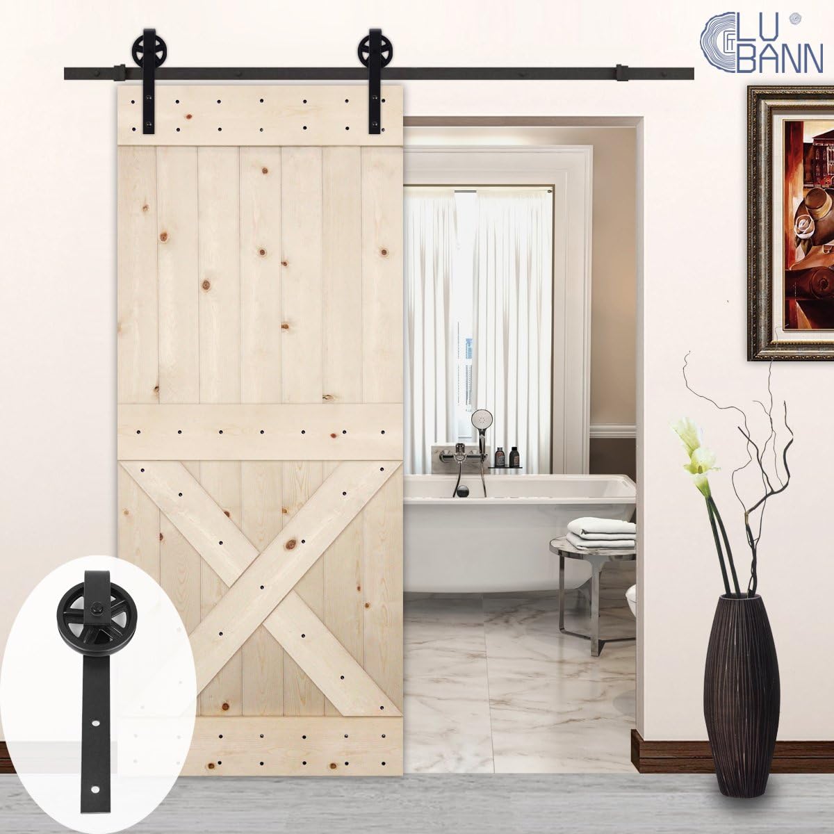 LUBANN 36in.x 84in. Unfinished Half X-Brace Knotty Pine Barn Door with Sliding Door Hardware Kit (Big Wheel)