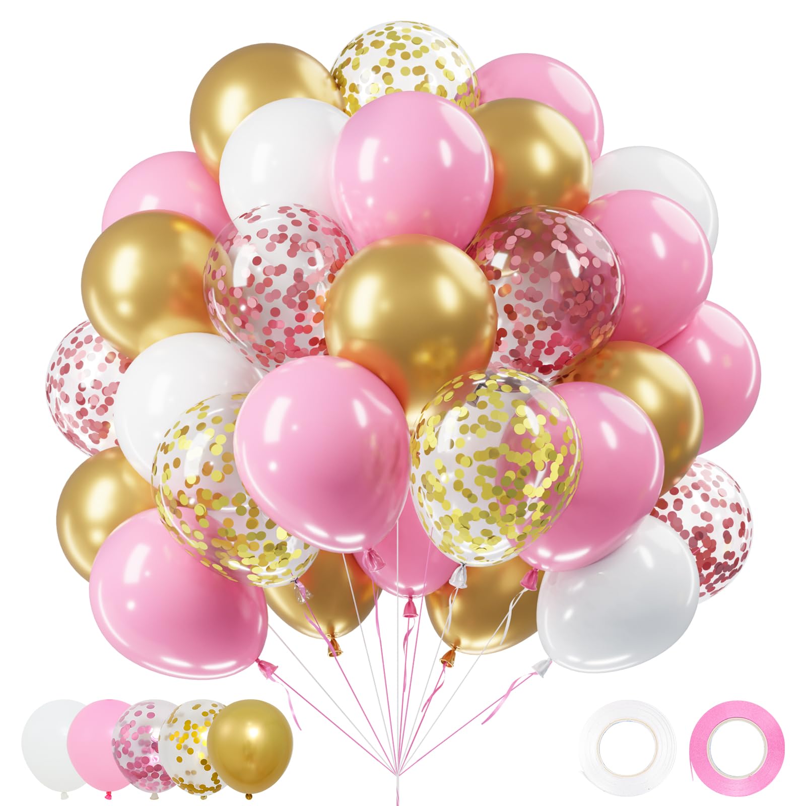 Netnology Pink Gold Confetti Balloons Set, 60Pcs 12 Inch Pink White Metallic Gold and Pink Gold Confetti Latex Balloon for Girls Birthday Baby Shower Bridal Shower Wedding Princess Party Decorations