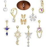 ZELORES 9Pcs 14G Belly Button Rings for Women Surgical Stainless Steel Belly Ring Cute Navel Rings Butterfly Flower Heart Double Hoop Dangle Belly Button Ring Set