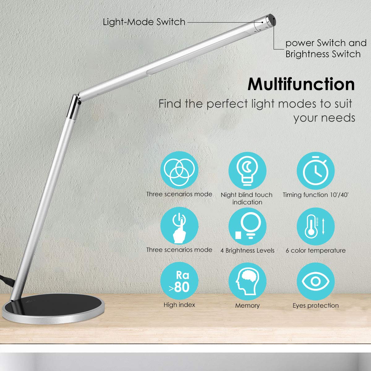 Joly Joy LED Desk lamp with Touch Control, Dimmable Table Lamp, Eye- Care Office Light, 6 Color Temperatures with 4 Brightness Levels, Memory Function, 10 and 40 Minute Timer