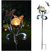 VCUTEKA Solar Lights Outdoor Metal Garden Stake Waterproof Crackle Glass Globe Garden Decor Butterfly for Pathway, Lawn, Patio, Yard