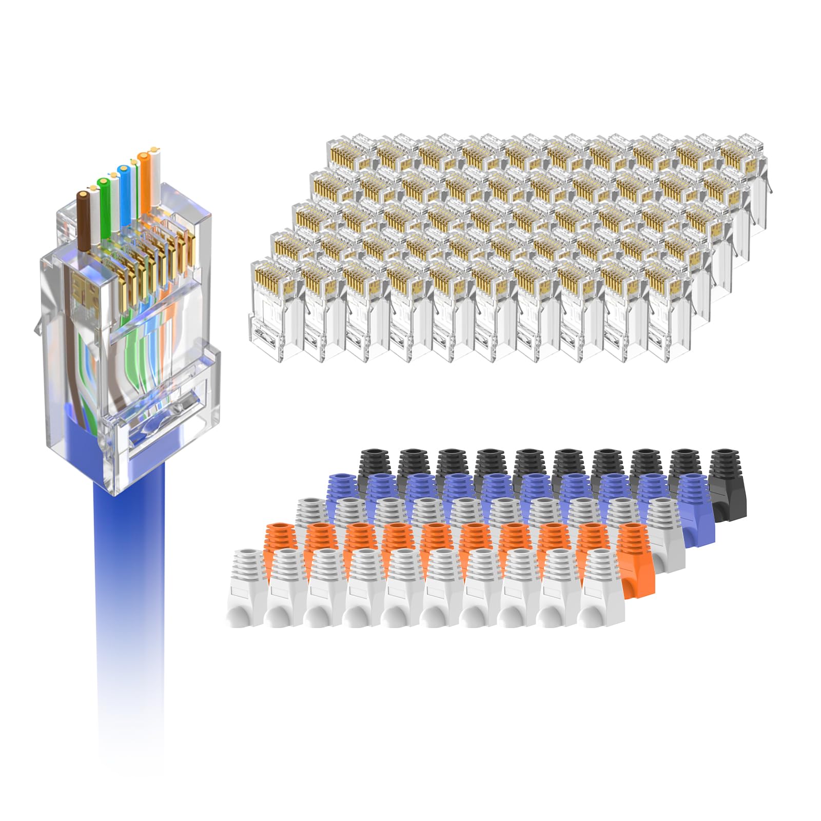 VCELINK RJ45 Connector Pass Through 50 PCS with RJ45 Boot Cover 50 PCS, Cat6 Ethernet Plug for Cat6/Cat5/Cat5e Network Cable, 5-Color Strain Relief Protection Boots Soft Plastic