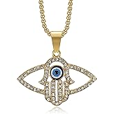NEGS 18K Gold Black Plated Blue Evil Eye Beads Fatima Hamsa Hand Egyptian Pendant Stainless Steel Necklace for Men Women, 24 Inch Chain Religious Amulet Jewelry Gift
