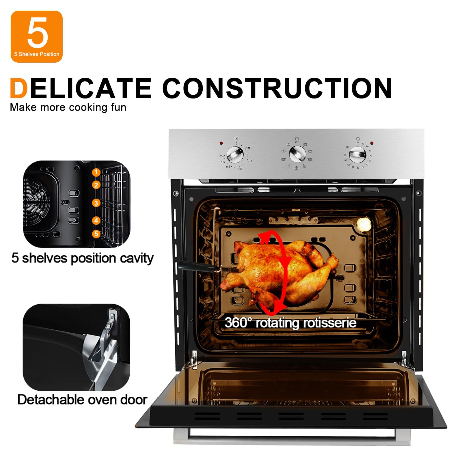 Electric Wall Ovens 24 Inch, GASLAND ES609MS Built-in Electric Wall Oven, 240V 3200W 2.3Cu.ft Convection Oven with Rotisserie, 9 Cooking Modes, Mechanical Knob Control, Stainless Steel