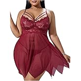 OYOANGLE Women's Plus Size Babydoll Lingerie Lace Sheer Asymmetrical Ruffle Nightgown Chemise Boudoir Nighty Sleepwear