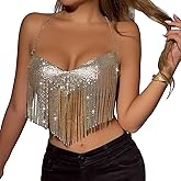 Women's Glitter Halter Tops Sparkle Crystal Rhinestone Chain Crop Top Metal Sequin Club Party Rave Nightclub Outfit