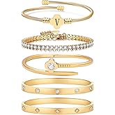 Arthur Liu 5Pcs Gold Letter Bracelets for Women, 14K Gold Plated Stackable Bangle Bracelet Set Personalized Flower Stainless Steel Stackable Bracelet Set for Women Gifts