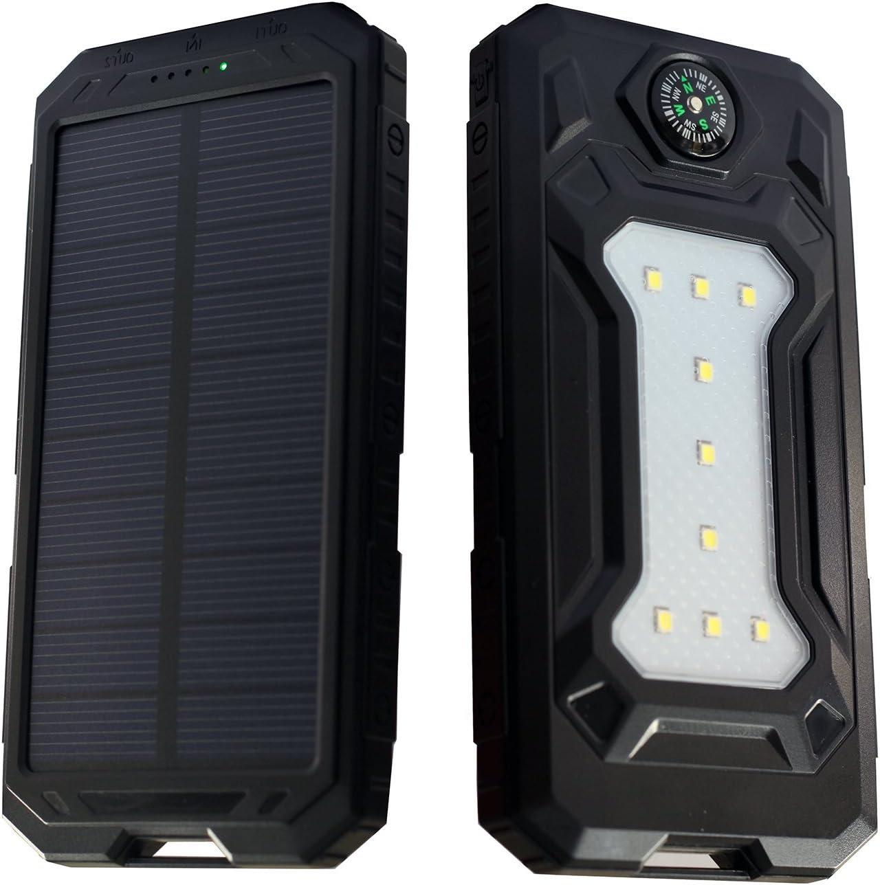 Solar Charger 8000mAh- 2 USB Ports with 9 LED Light and Compass Portable Solar External Battery Power Bank, for Smart Devices, DC5V/2A Input by ReactS