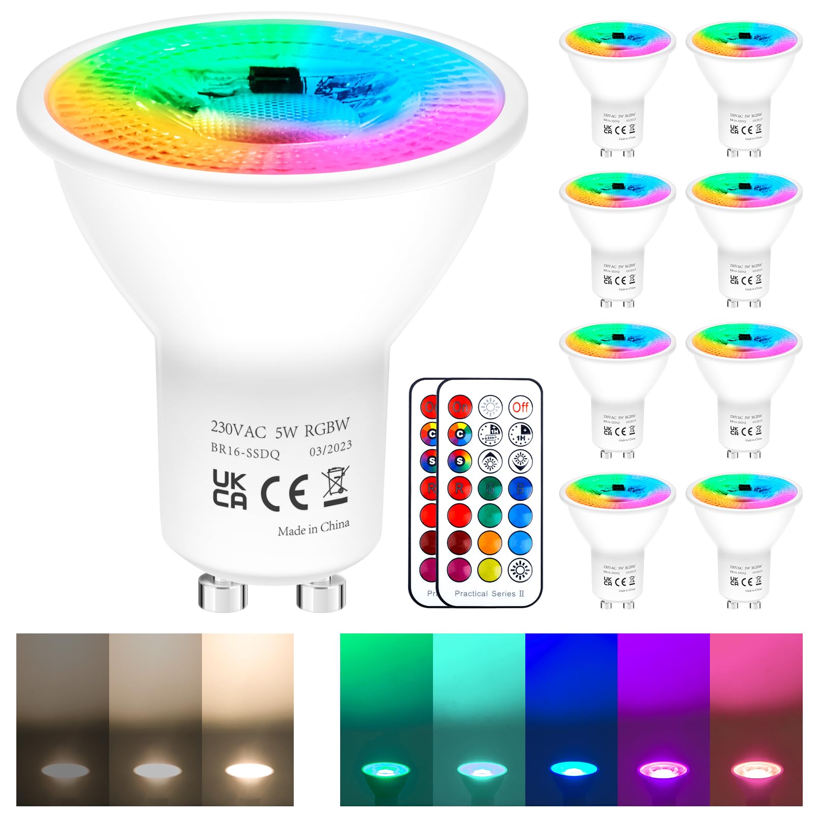 REYLAX GU10 Colour Changing LED Bulbs Dimmable 50 Watt Equivalent with Remote 5W GU10 Spotlight Warm White RGBW Spot Lights 5 Modes Timer for Atmosphere and Daily Lighting Pack of 8