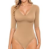 MANGOPOP Women's V Neck Half Sleeve Bodysuit 3/4 Sleeve Slim Fitted Body Suit Sexy Going Out Shirts Tops