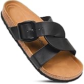 AEROTHOTIC Cork Recovery Slides for Women with Plantar Fasciitis Relief Comfortable Suede Footbed with Adjustable Buckle Cross Strappy Slip on Casual Travel Walking Beach Ladies Sandals