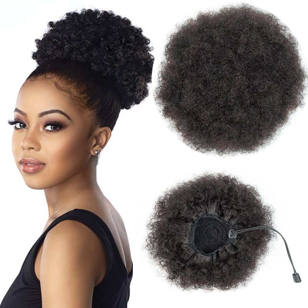 FEIPRO Afro Puff Drawstring Ponytail Human Hair Extensions Short Kinky Curly Hair Puff Bun 6 Inch Afro Bun Ponytail Extension Hairpieces with Two Clips for Black Women 6 Inch Natural Black