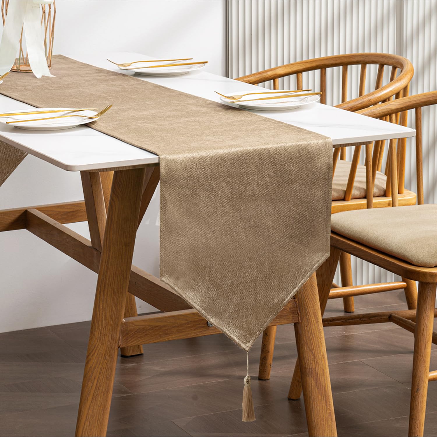 Table Runner with Tassels Spill-proof Machine Washable Luxury Home Table Decorative Dresser Scarves for Dining Kitchen Party Banquets Wedding Birthday (Kaki, 35 x 180 cm) — image 1