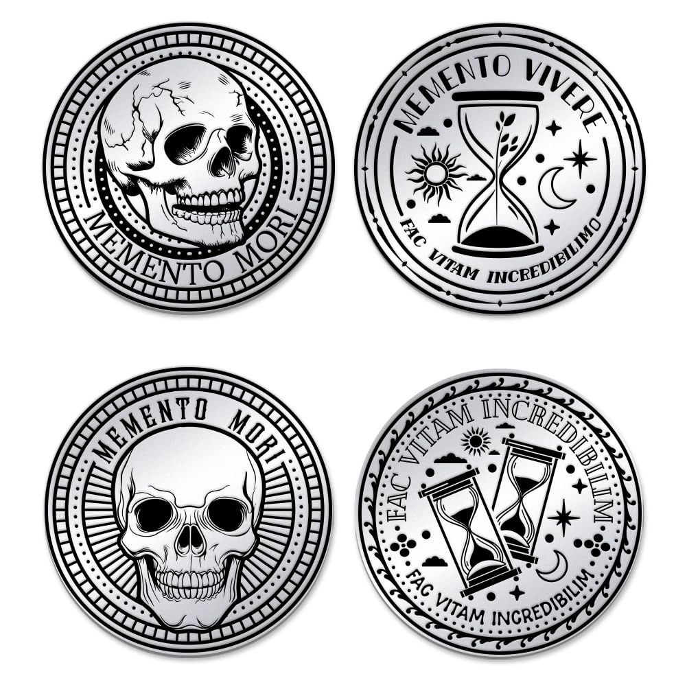 UNICRAFTALE 2Pc Memento Mori Coin Hourglass Skull Challenge Coins 2 Styles Memento Reminder Token Skull Token Medallions for Daily Stoic Practice Meditation Stoicism Gifts for Women Men