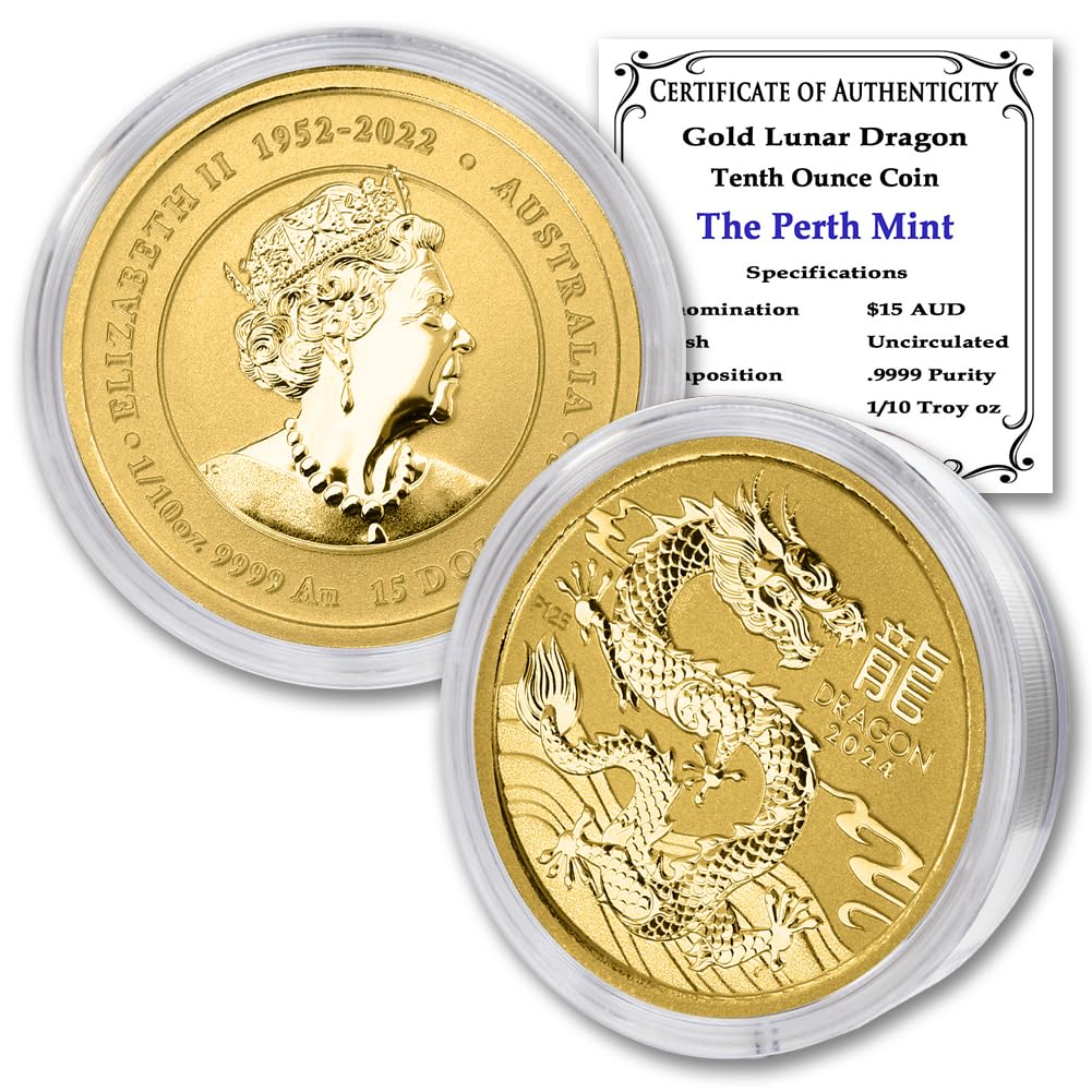 2024 P 1/10 oz Gold Australian Lunar Series III Year of the Dragon Coin Brilliant Uncirculated with Certificate of Authenticity $15 Seller BU