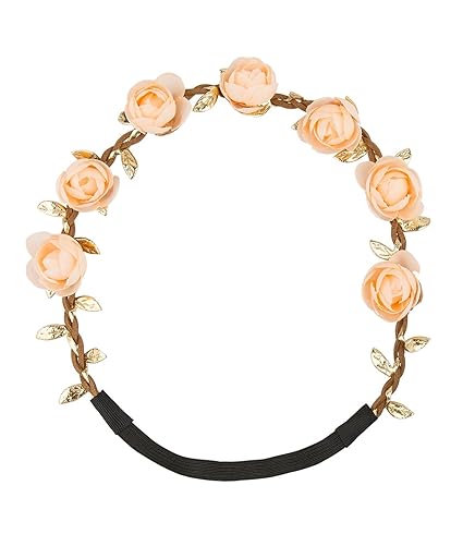 SIX Festival Haarschmuck: Rosenkranz mit geflochtenem Kunstlederband und goldenen Blätter-Ranken, ideal zum Dirndl oder Hochz