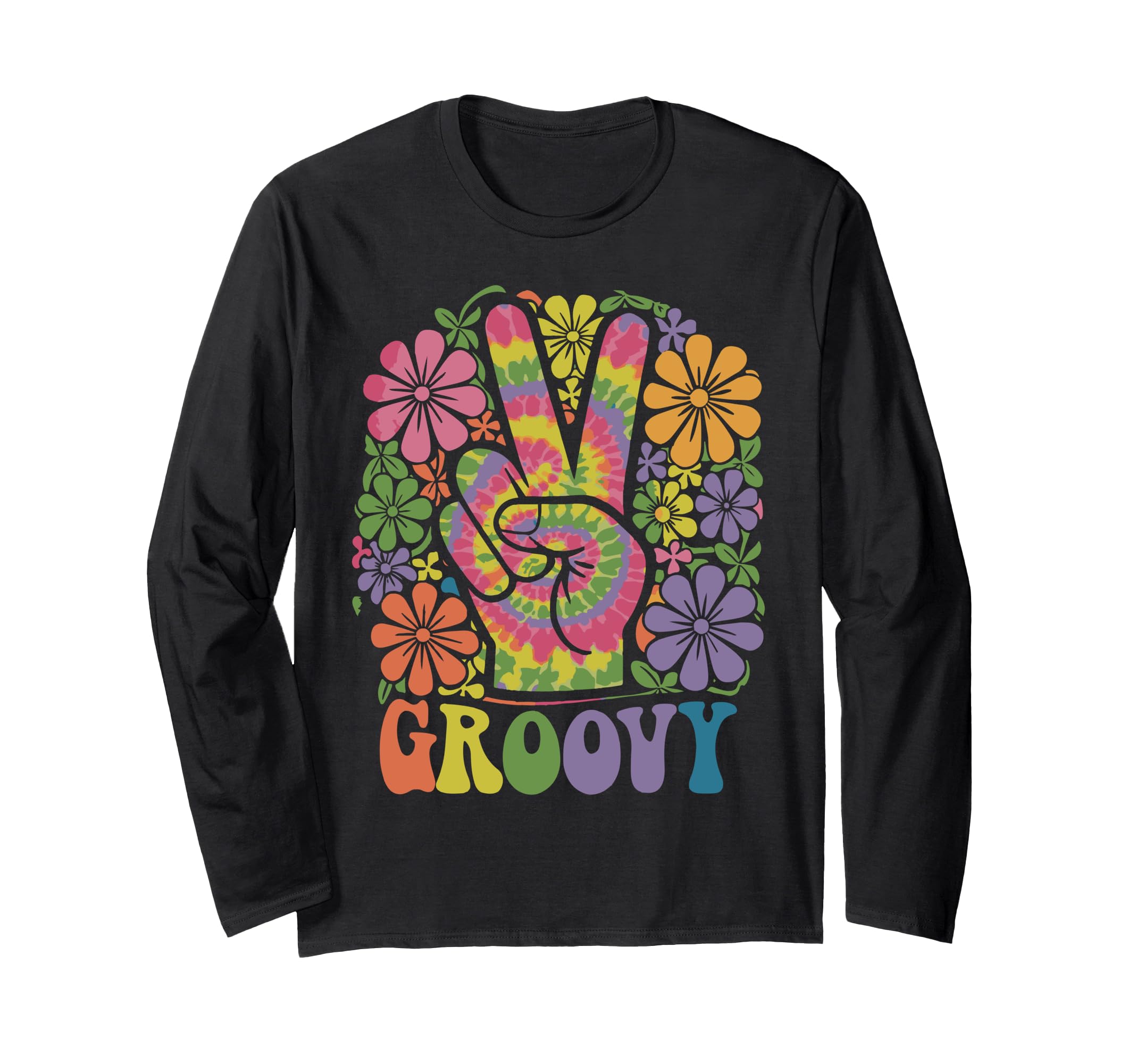 Photo 1 of Groovy Tie Dye Peace Hand Sign Hippy 60s 70s Retro Hippie Long Sleeve T-Shirt  //  S