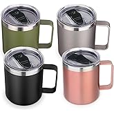 Volhoply 14oz Insulated Stainless Steel Coffee Mug with Lid Bulk 4 Pack,Double Wall Vacuum Travel Coffee Cup with Handle,Reusable Metal Cups Tumbler Cup,Camping Mugs,Ideal Gifts(Mix,4)