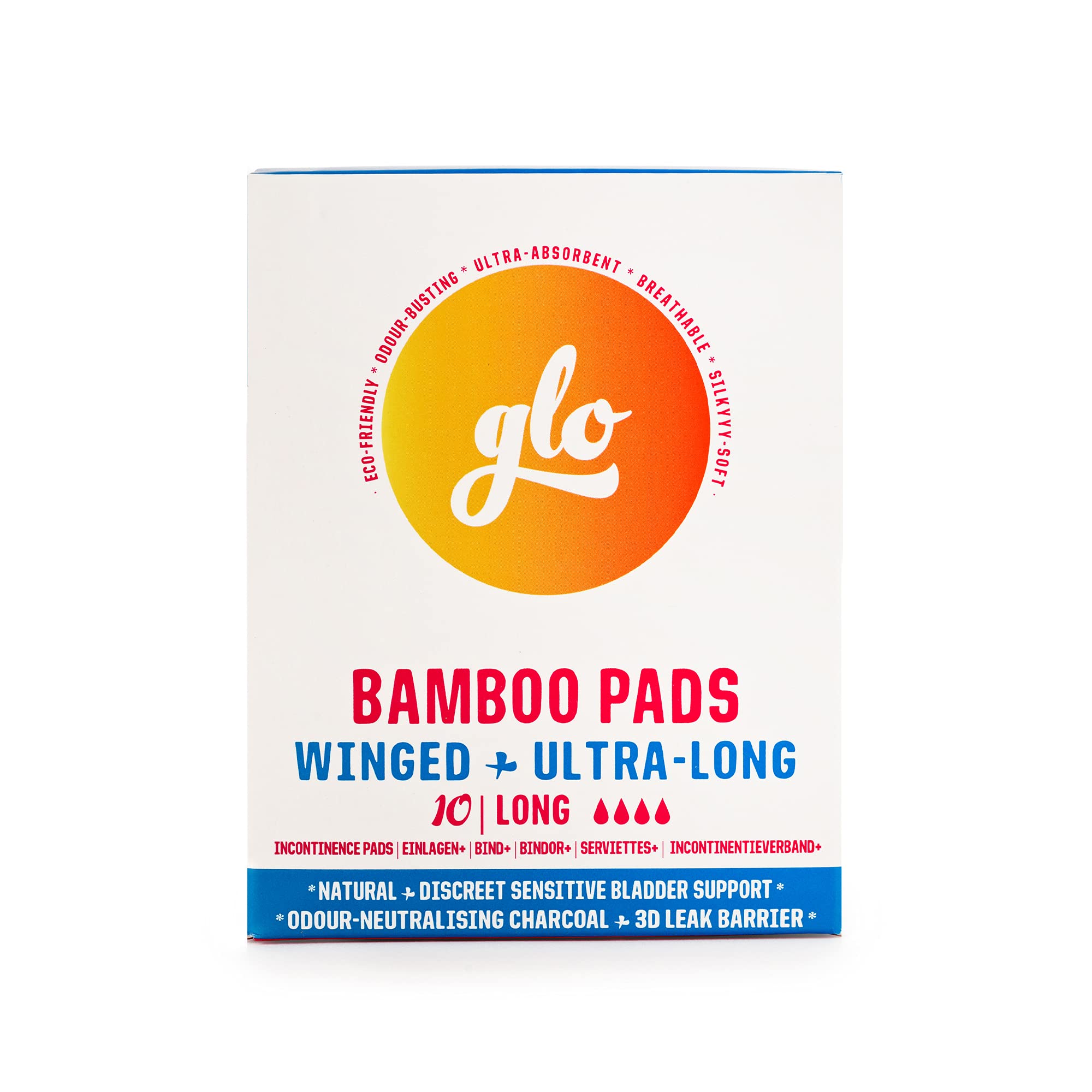 glo Light Incontinence Pads Women for Sensitive Bladders & Periods, Made from Organic Bamboo - Superior Leak Protection and Comfort Sanitary Towels - 10 Ultra-Long Pads
