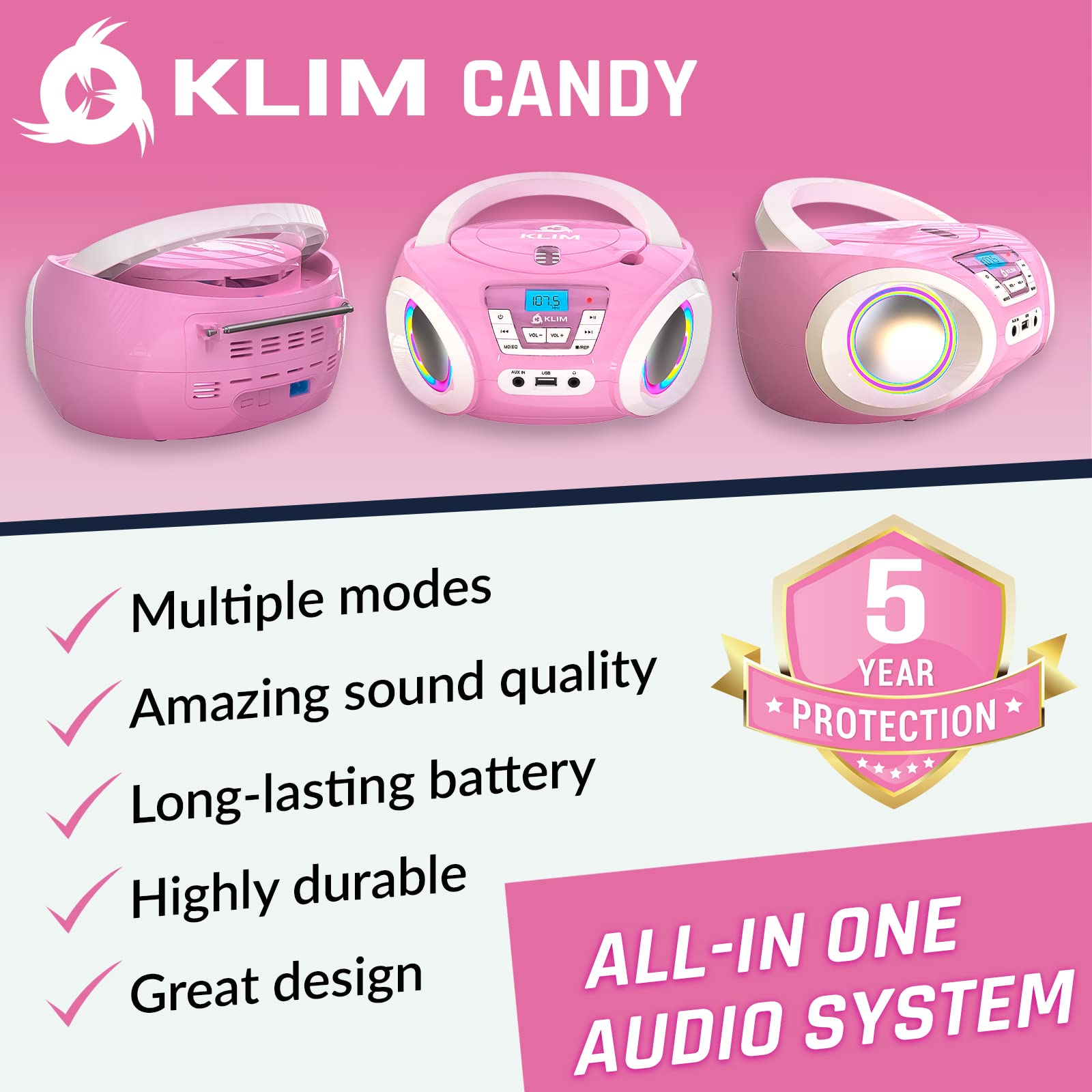 KLIM Candy Kids CD Player for Children - FM Radio - Includes Batteries - Pink - Boombox Portable - CD Player Children - with Speakers, Toddlers (Pink)