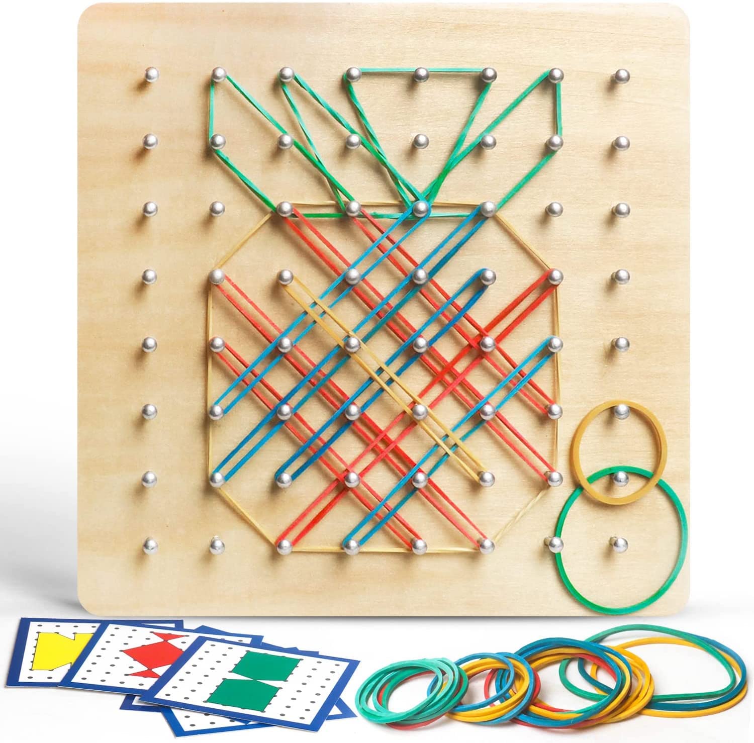 ZWOOS Wooden Geoboard Toys 8x8 Pin Geometry Geoboard Montessori Shape Puzzle Board with Activity Pattern Cards and Latex Bands Inspire Kid's Imagination and Creativity
