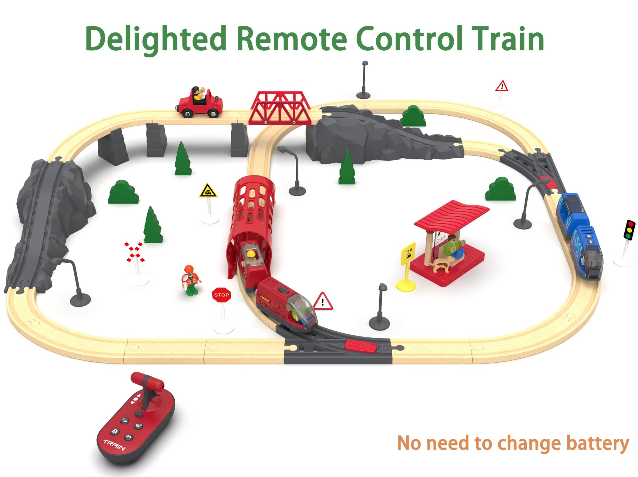 Toy Train Set Remote Control Locomotive Trains, Motorized Train for Wooden Track, Electric Train and Tunnel with Sound & Lighting Effect, Magnetic Trains Compatible with Thomas, Brio, Chuggington