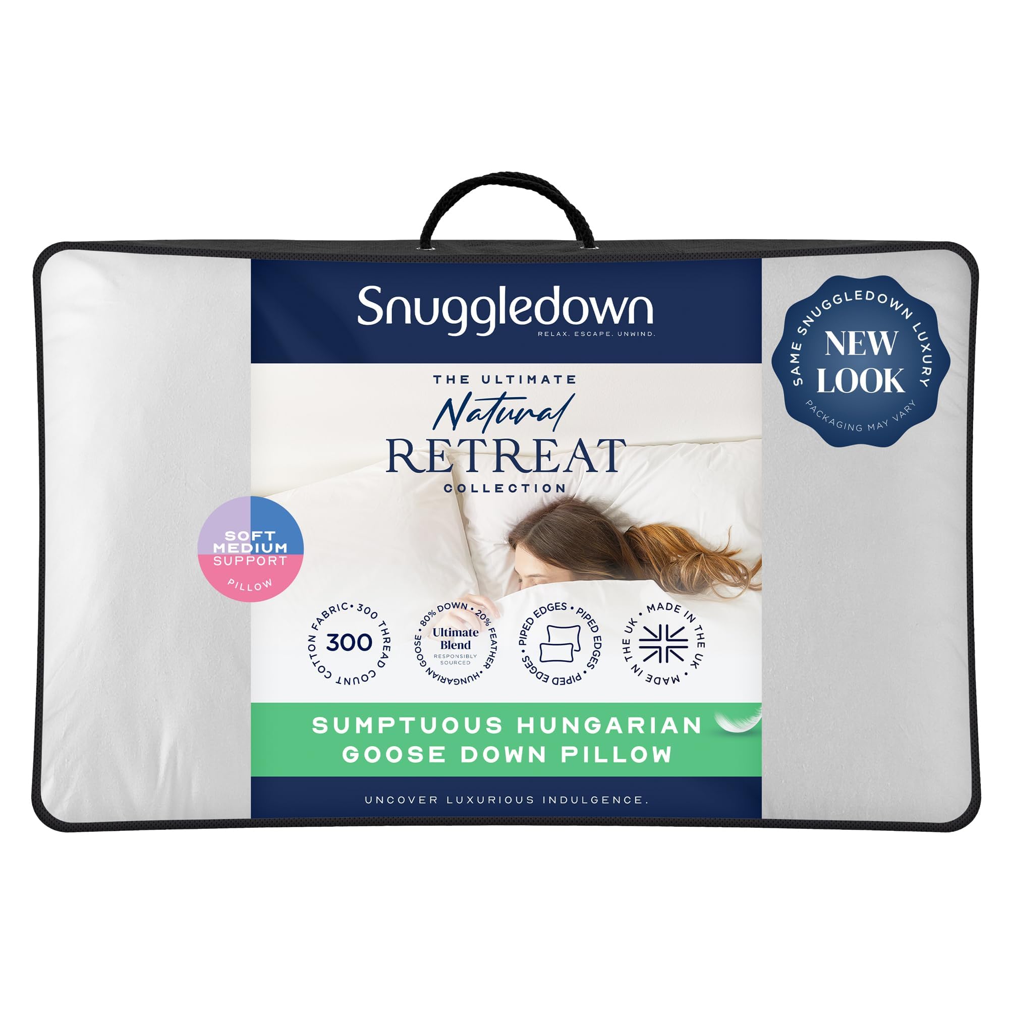 Snuggledown Hungarian Goose Down Pillow - 80:20 Ethically Sourced Fill for Front & Back Sleepers | Jacquard Cotton Cover, UK‑Made, Non-Allergenic & Washable (48 × 74 cm)