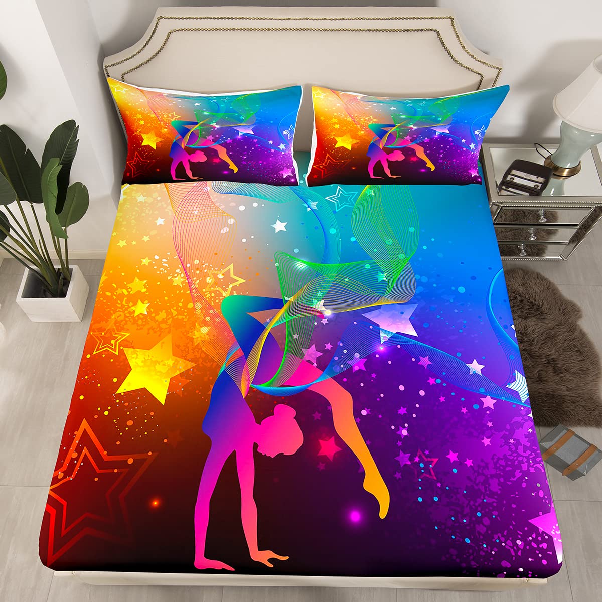 Gymnastics Fitted Sheet Double Size, Modern Art Sports Bed Cover with 2 Pillowcases, Colorful Stars Print Bedding Set 3pcs for Kids Boys Girls Room Decor, Soft Polyester Bedding